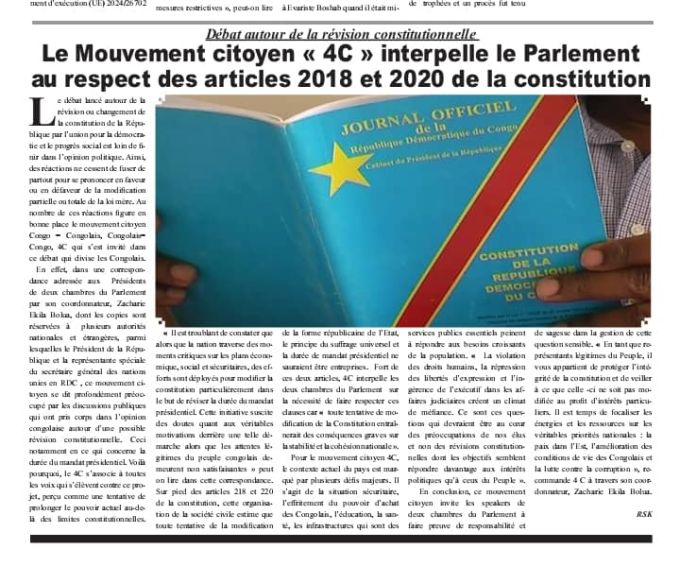 Le Mouvement citoyen 4C interpelle le Parlement sur les articles 218 et 220 de la Constitution